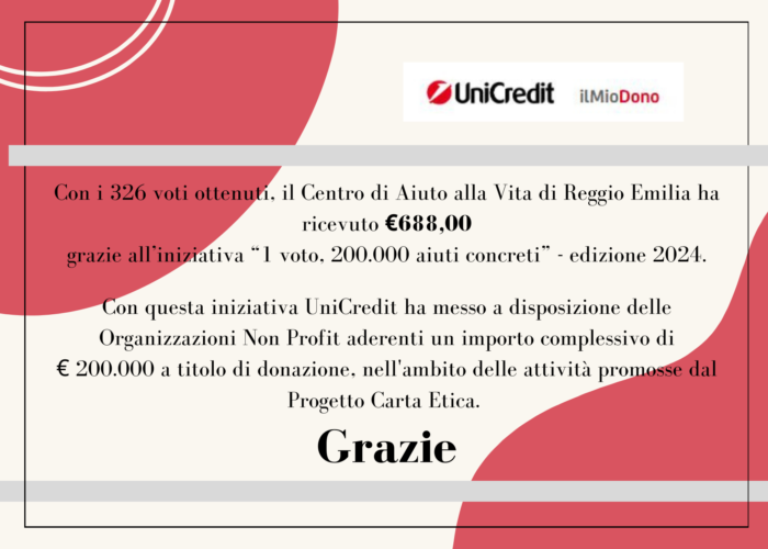Ringraziamento UniCredit il Mio Dono